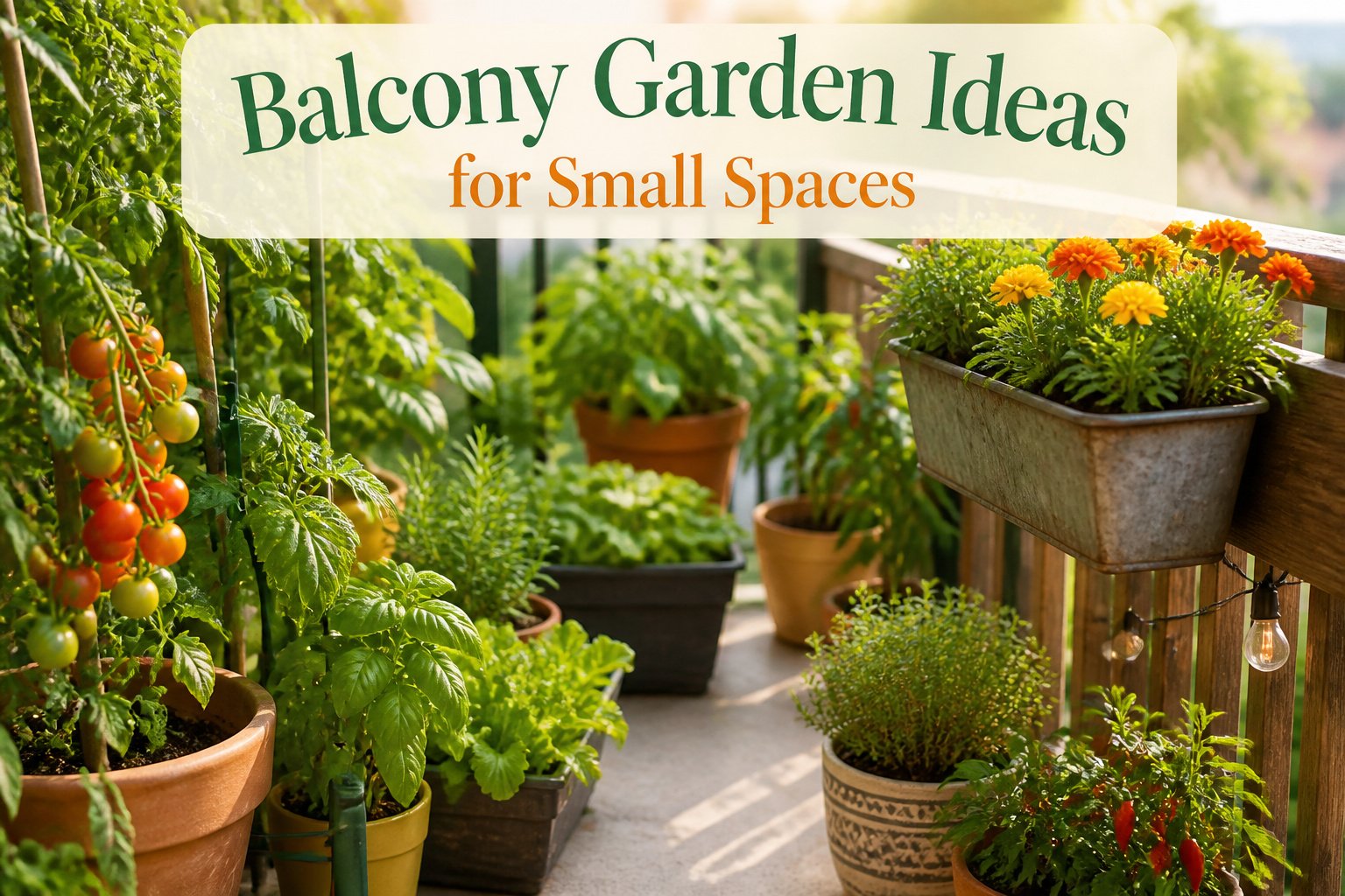 A vibrant balcony garden showcasing various plants in containers.