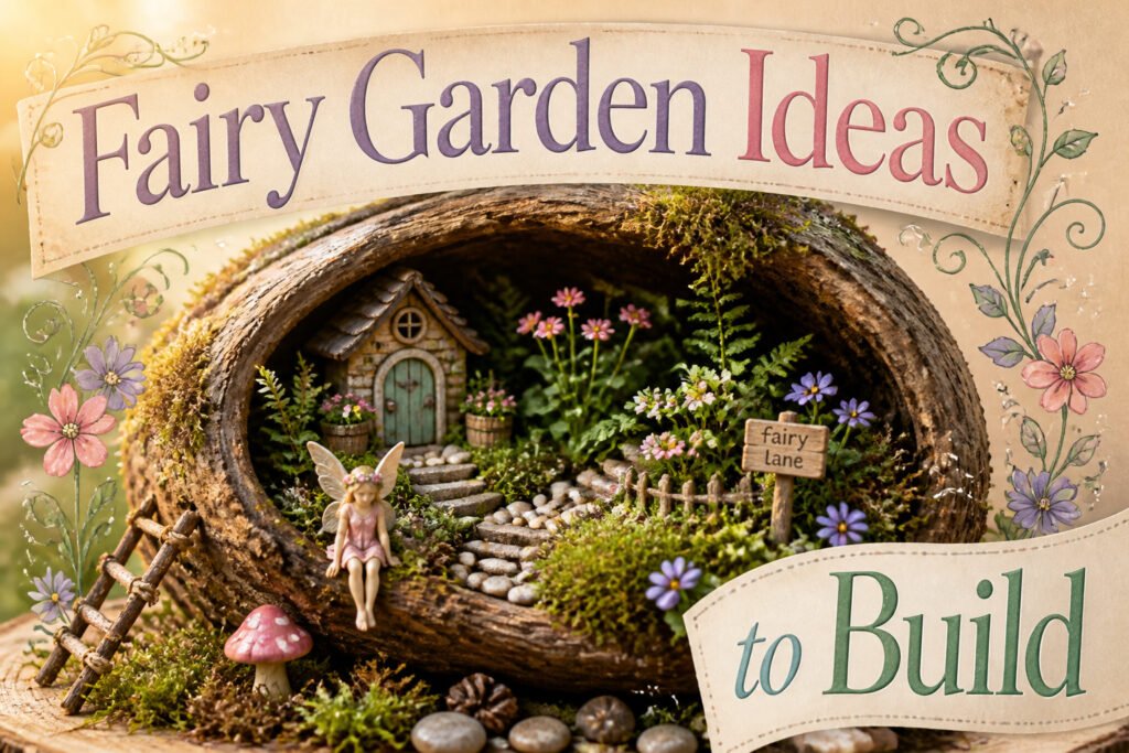 A vibrant fairy garden with various miniature plants and decorations.