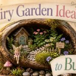 A vibrant fairy garden with various miniature plants and decorations.