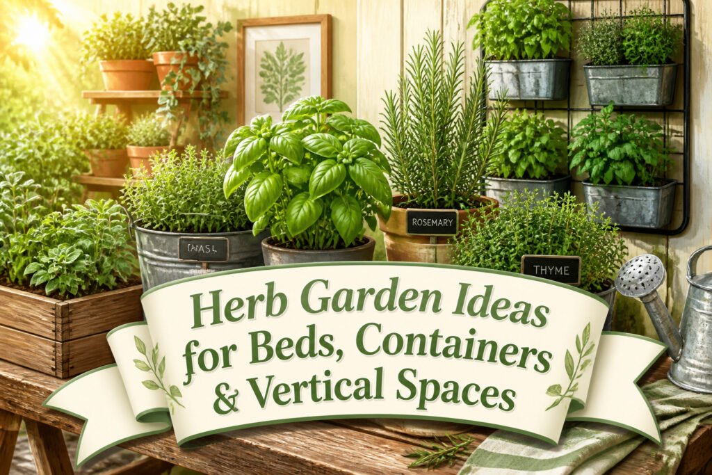 An assortment of herbs growing in a garden, showcasing different types and colors.