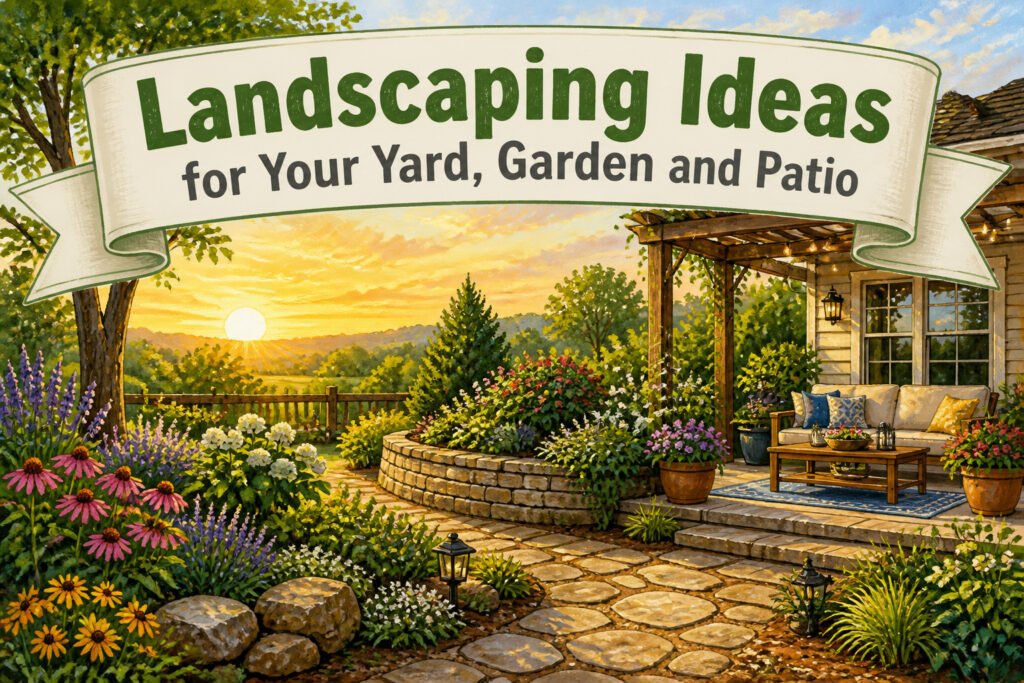 A landscaped yard with colorful flowers and greenery.