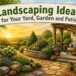 A landscaped yard with colorful flowers and greenery.