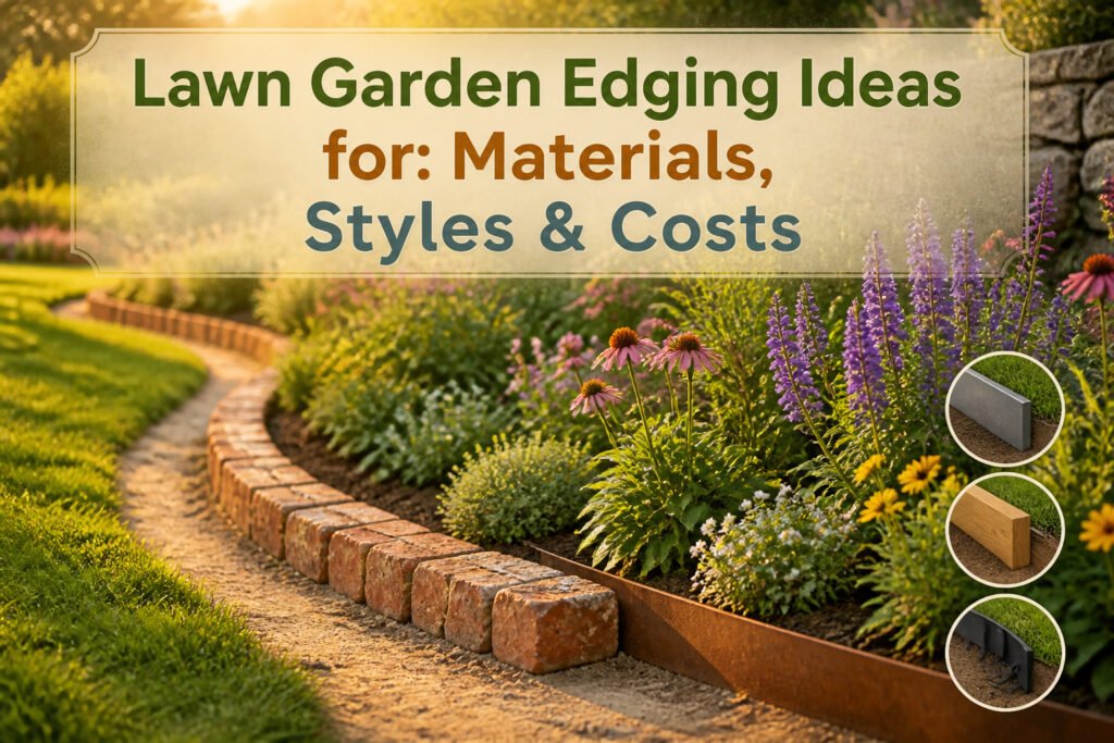 A variety of lawn garden edging materials and styles displayed in a garden.