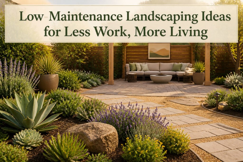 A well-designed low-maintenance garden with various plants and hardscaping.