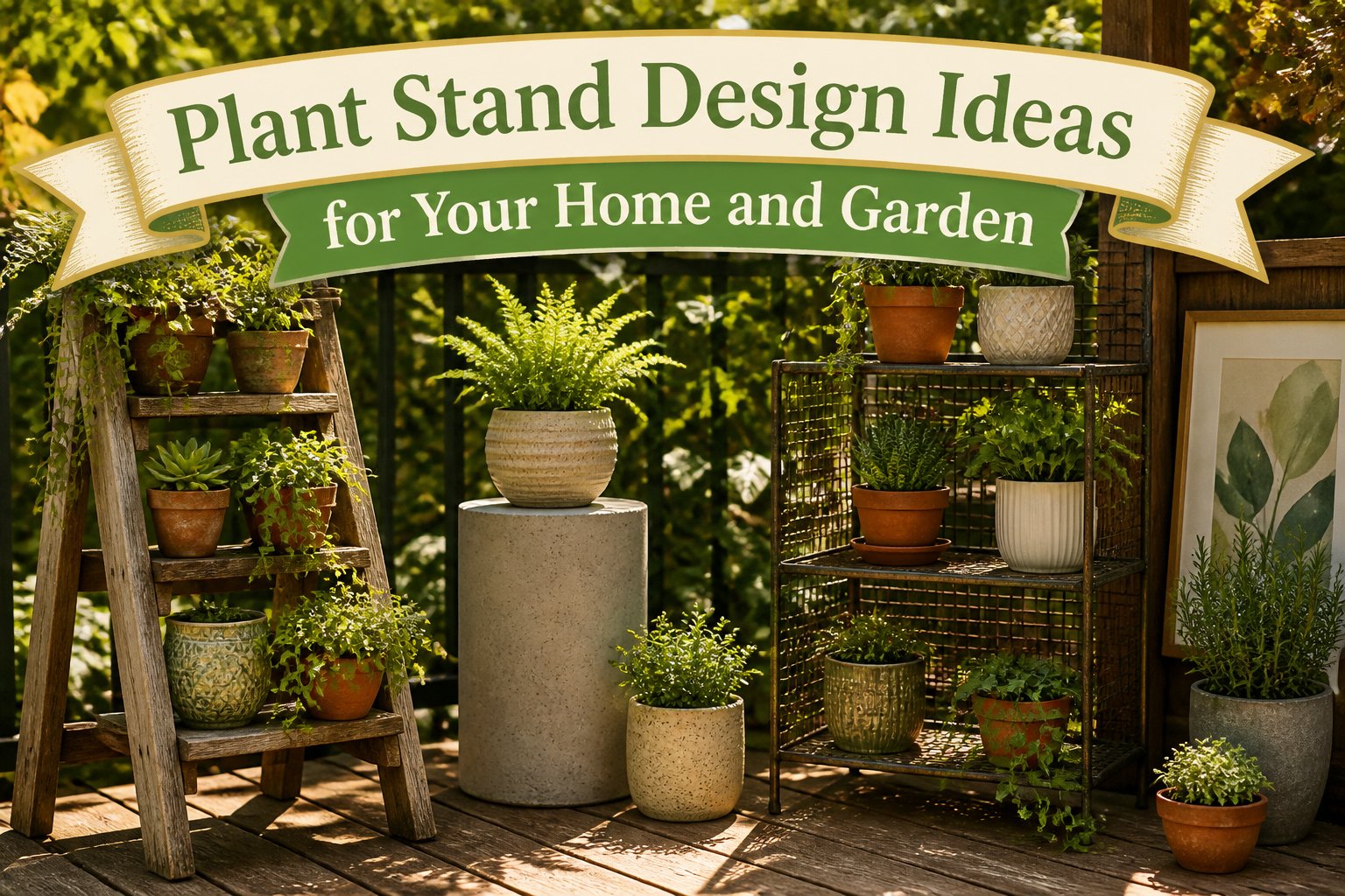 Different designs of plant stands displayed in a home and garden setting.