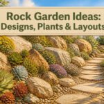 A colorful rock garden featuring various plants and stones in an outdoor setting.