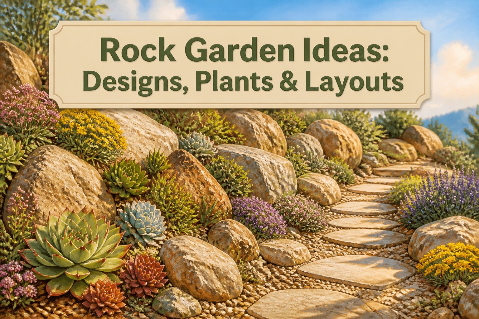 A colorful rock garden featuring various plants and stones in an outdoor setting.
