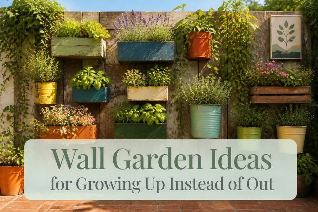 A vibrant wall garden with various plants growing vertically.