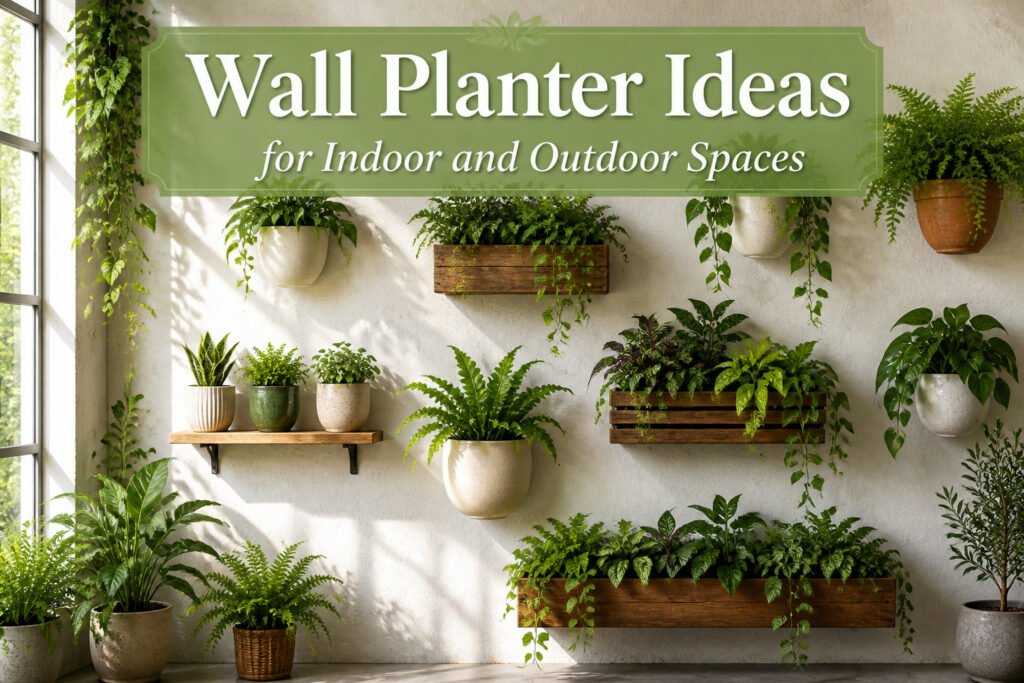 Various wall planters with different plants arranged aesthetically.